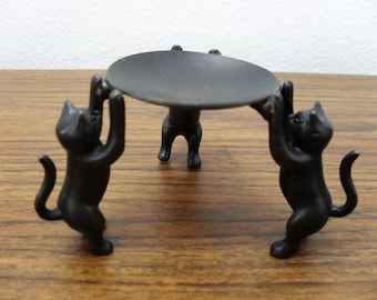 Bronze Brass Three Cats Figurine Footed Trinket Holder Ring Holder Card Holder Vintage