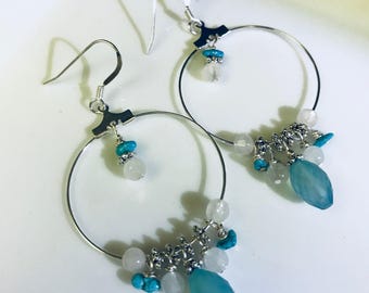 Chandleir earrings Chalcedony turquoise and quartz earrings