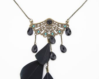 Long necklace Art Nouveau black feathers #1333