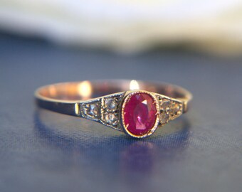 Antique Inspired 9ct Rose Gold Ruby Solitaire Ring with Diamond Shoulders | Engagement band with a solitaire Ruby stone