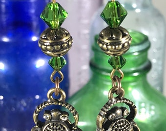 Beetle with Green Swarovski Crystals Earrings
