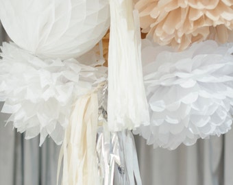Pom pom, tassel, honeycomb party decoration set: 4 large paper pom poms, 4 tassels and 1 large size honeycomb ball set