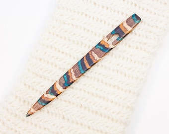 Nalbinding Needle with Large Eye - White, Teal, and Yellow Striped Wood - W245