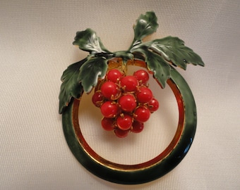 Vintage Sandor Enamel Holly Wreath Brooch Pin with Berries