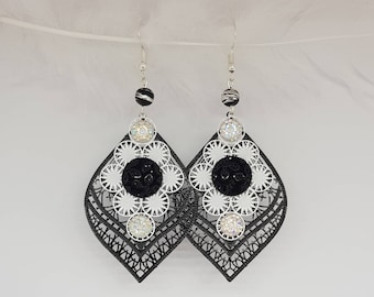 Black and white leaf earrings