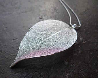 Real Natural Silver Plated Leaf Necklace on a Black Adjustable Cord or chain