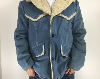 1970's Vintage Men's Sherpa Denim Chambray Jacket Coat