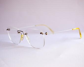 Vintage EyeGlasses. Brand MENRAD by FMG NOS no worn. Classic square rimless Man. Made in Germany. Rx eyewear 80s 90s. 100% stainless steel