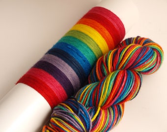 Hand Dyed Worsted Weight Yarn, 218 yards, Super Wash Merino Wool, 10 Stripe Rainbow
