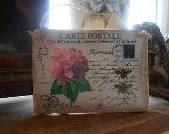 hanging wood sign paris carte postale flowers bumble bees french shabby chic decor handmade