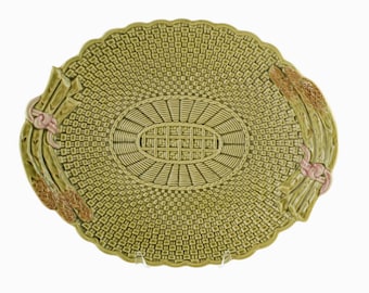 Vintage Bordallo Pinheiro Majolica Platter with Basket Weave / Asparagus Motif and Scalloped Edge