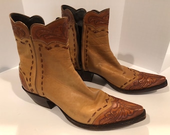 WOMEN'S COWBOY BOOTS. genuine stalion tanand brown tooled and stitched leather boots. over the ankle zipper boot.