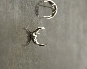 Man In The Moon earrings, posts, studs, handmade original in solid 925 Sterling Silver, Crescent moon earrings