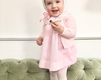 Vintage flower-embroidered 12M pink baby dress with matching bloomers