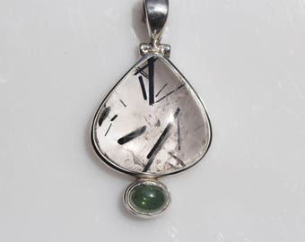 Tourmalated Quartz and Green Tourmaline Pendant Bezel set in Solid Sterling Silver, Black Rutile Quartz, Black and White Pendant QTL19
