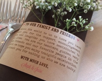 Wedding Reception Thank You Notes: Rustic Wedding Decor. Napkin Rings. Napkin Cover. Wedding Thank You. Wedding Table Decor. Kraft Paper.