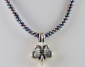 Blue Pearl Necklace with Fleur de Lis Pendant