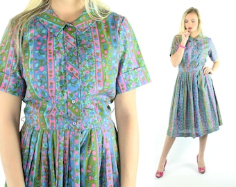 60s Floral Cotton Day Dress Short Sleeve Sundress Blue Pink Print Pleated Skirt Vintage 1960s Pinup Rockabilly Large L Medium M