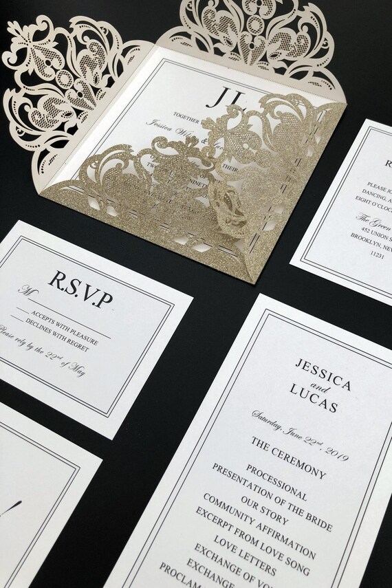 elegant glittery champagne gold laser cut wedding invitation