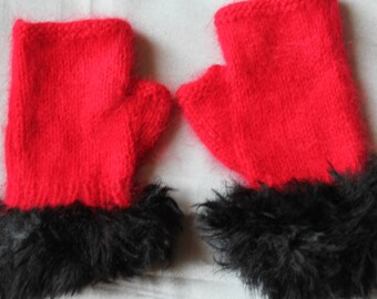 knit fingerless mittens, red, angora and fur, hand knitted, 18 cm height