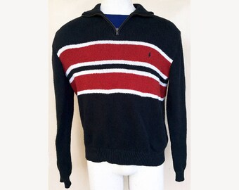 Striped Polo Sweater — 90s Polo Ralph Lauren Turtleneck with Zipper Mens XL Red White & Black Striped Zip Sweater — Turtleneck Sweater