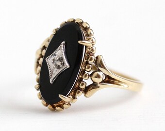 Vintage Onyx Ring - 10k Rosy Yellow Gold Genuine Diamond Black Onyx Statement - 1950s Size 6 1/4 Oval Chalcedony Gemstone 50s Fine Jewelry