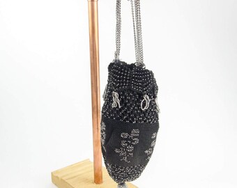 Antique French Steel Beaded Purse | Antique Black and Silver Handbag | Antique Reticule