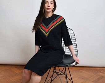 1960s Black Wool Sheath Dress with Knit Yoke 60s Vintage Dress S M