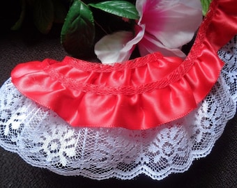Ruffled Lace and Ribbon, 2+1/4 inch wide red/white selling by the yard