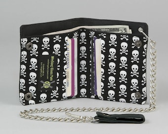 Skull and Crossbones Vegan Chain Wallet, Black and White, Black Canvas Wallet, Pirate Punk, Goth, Skater Wallet, Death Rock, Small Skulls