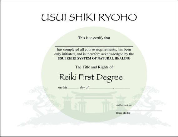 Usui Reiki I Certificate Printable Template Digital 11 X 8.5