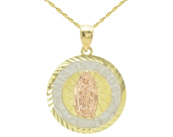 14K Tri-Color Gold 15 Anos Quinceanera Virgin Mary Guadalupe Pendant Necklace