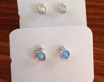 2 pairs, Small (3mm) Blue Opal and White Opal Stud Earrings, 2 Pairs, Argentium Sterling Silver Wire posts with hypoallergenic rubber backs