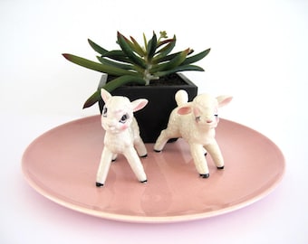 Vintage Cute Lamb Salt and Pepper Shakers Anthropomorphic S&P Sheep Easter Decor Spring Kitsch Big Eyes Ceramic Relco Japan