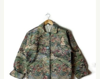 ON SALE Vintage Pale Green Floral Garden Pattern Cotton Tapestry Jacket from 80's*