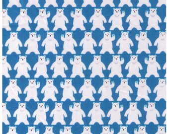HALF YARD - Waving Polar Bears on BLUE - Rows of Polar Bear - Say Hi - Japanese Imported Fabric