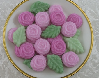 36 Pink Open Rose and Leaf shaped sugar cubes for tea party, bridal shower, wedding sugar, shower sugar, party favors, flower sugar cubes