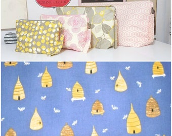Beehive: Custom Made to Order zipper knitting project bag with wrist strap and inside zipper pocket