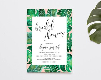 Bridal Shower Invitations, Tropical, Bridal Shower Invite, Palm Print, Printed Invitations (1114)