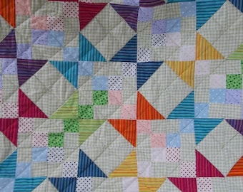 Twin Patchwork Quilt a Rainbow of Color with poka dots and stripes