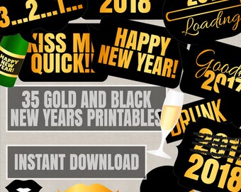 Black and Gold New Years Printable Photo Booth Props, 2018 New years party photobooth props, diy photobooth props for new years prop prints