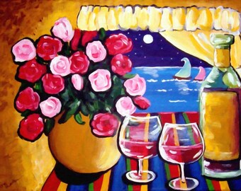 Roses Sailboats Wine Whimsical Still Life Colorful Folk Art Giclee Print