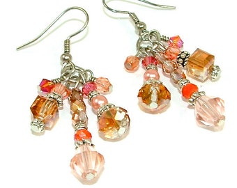 New Lower Price - Spring Peach & Coral Colored Crystal Tassel Statement Earrings
