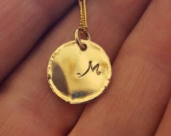 Initial Disk Necklace, 14k Gold Disk Necklace, Gold Necklace, Monogram Letter Disc, Personalized Gold Necklace, Large Circle Tag, Handmade