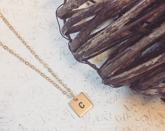 16k Gold Plated 11mm Square Disc Handstamped Initial Necklace