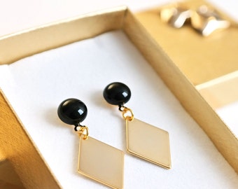 16 k gold filled geometric earrings, geometric earrings, Black and gold earrings, 16k gold filled long earrings, geometric dangle earrings