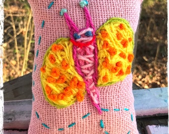 Silly Butterfly Mini Pillow Hand Embroidered YelliKelli Ready to Ship