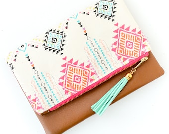 Boho Tassel Clutch in Colorful Tribal Print with Tan Faux Leather and Mint and Gold Tassel