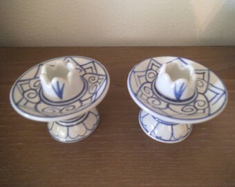Vintage Blue and White Porcelain Candle holders ~ Taper holders
