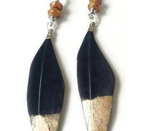 Gold Dipped Feather Earrings-Statement Earrings-Bohemian Earrings-Long Feather Earring-Boho Jewelry-Black Earring-Modern Earring